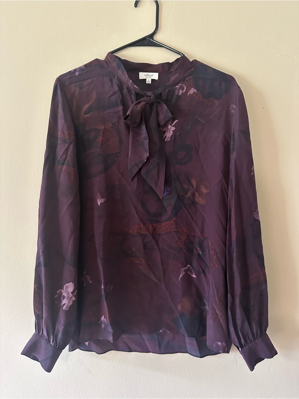 Wilfred Plum Floral Annie Tie-Neck Silk Blouse, Sz M